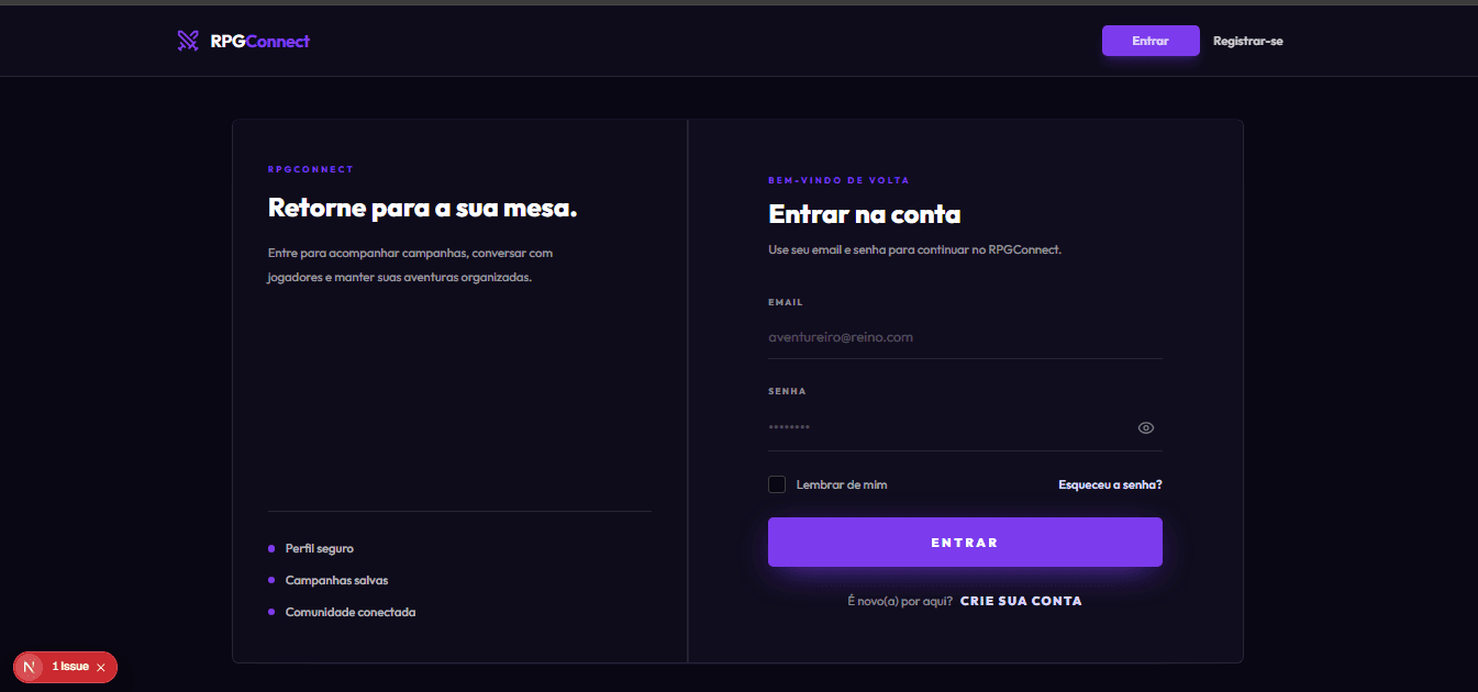 Tela de login do RPGConnect